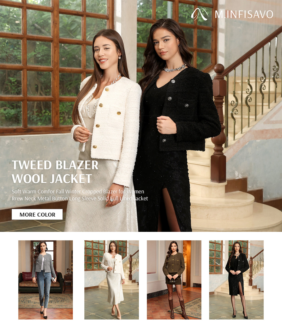 M.Infisavo Cropped Tweed Blazer Woolen Boucle Jackets #MFB009