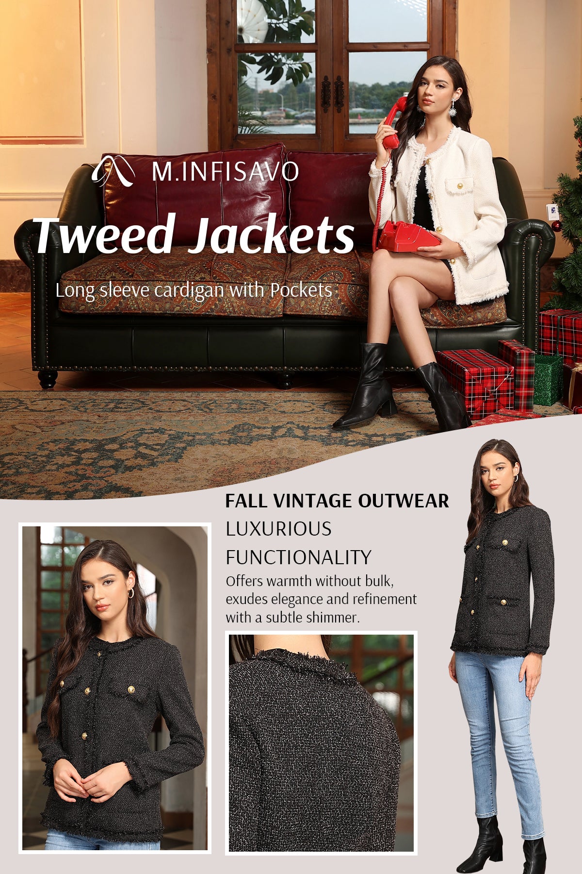 M.Infisavo Tweed Blazer Jackets with Pockets #MFB016