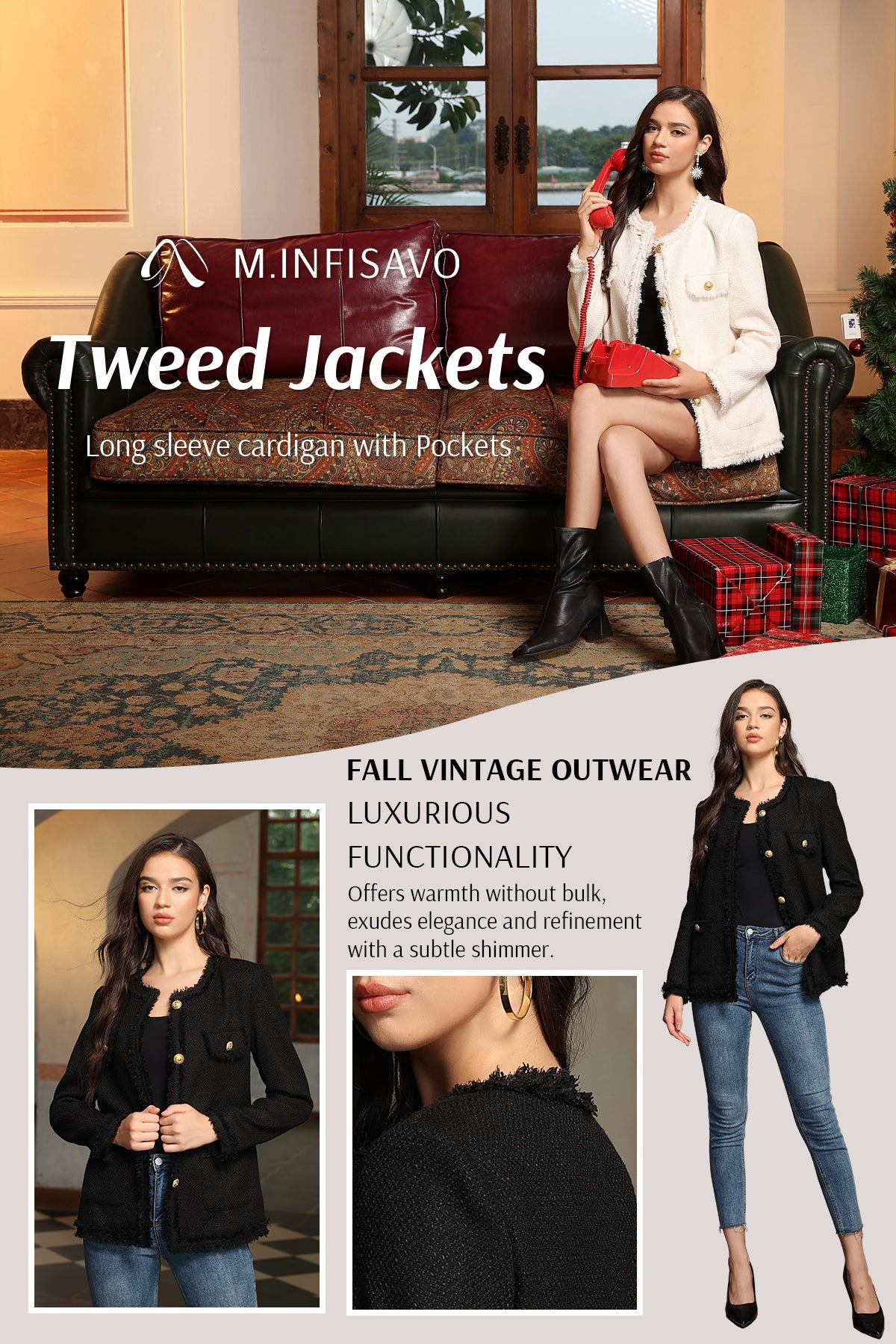 M.Infisavo Tweed Blazer Jackets with Pockets #MFB016