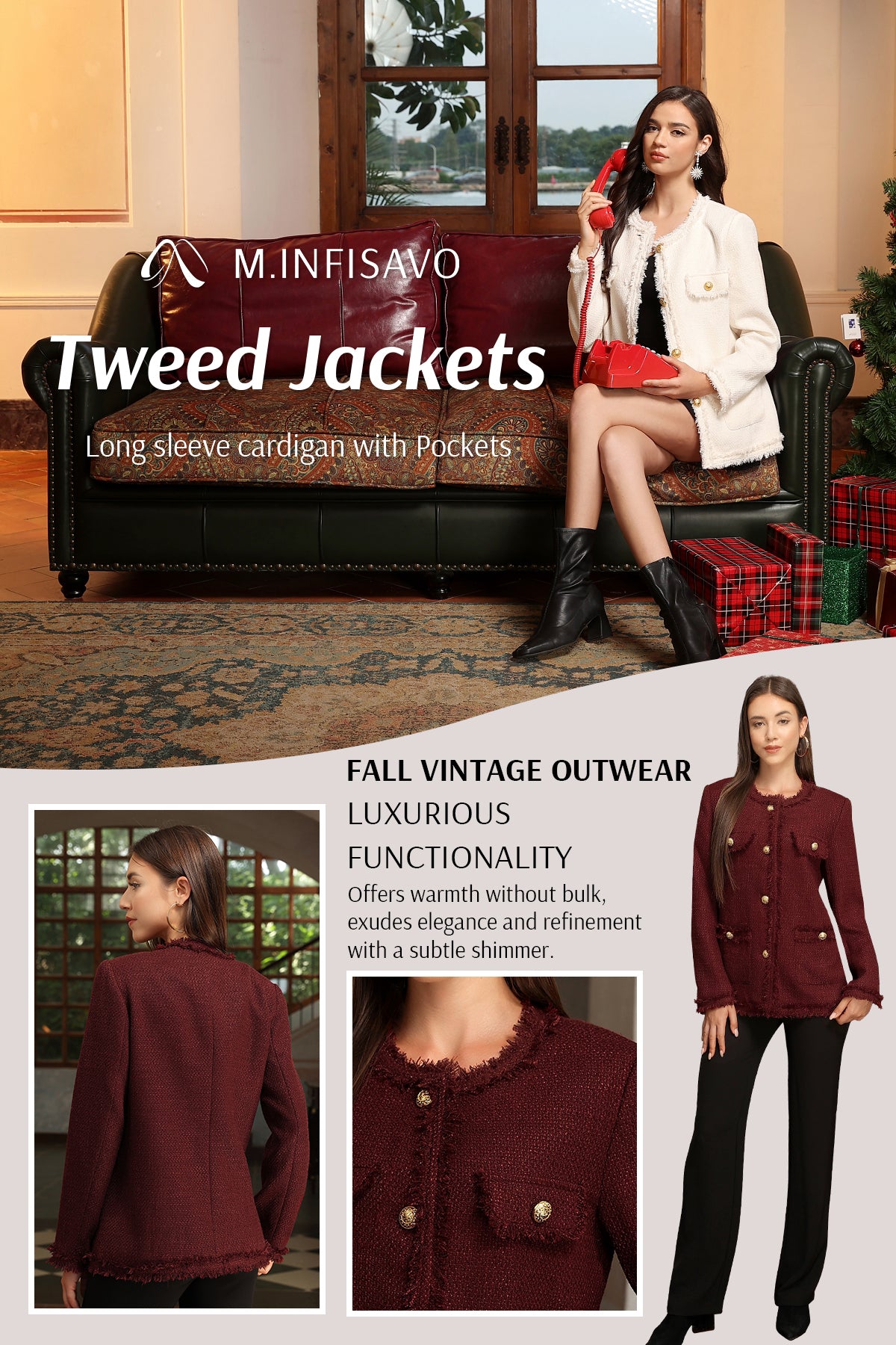 M.Infisavo Tweed Blazer Jackets with Pockets #MFB016