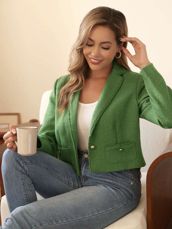 M.Infisavo Cropped Minerva  Notch Lapel Long Sleeves Tweed Blazer