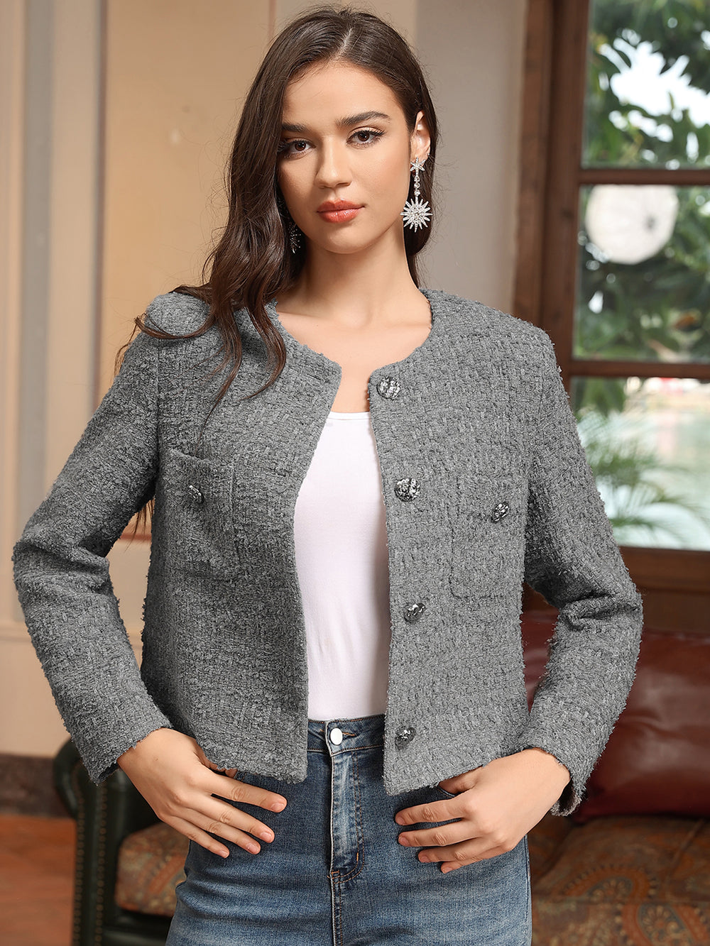 M.Infisavo Cropped Tweed Blazer Woolen Boucle Jackets