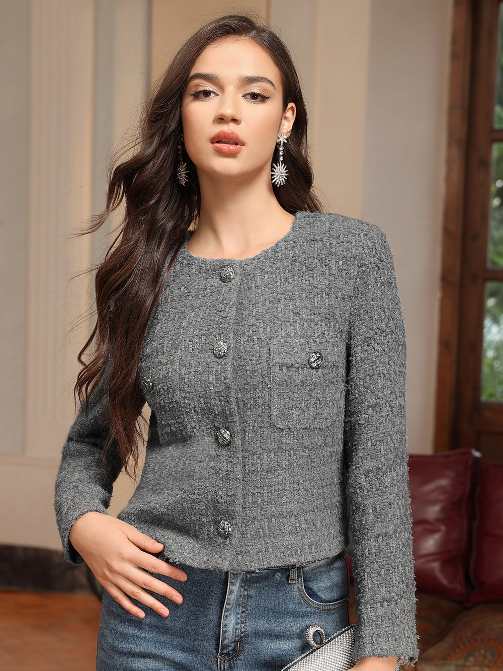 M.Infisavo Cropped Tweed Blazer Woolen Boucle Jackets