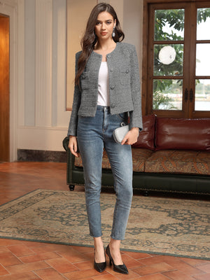 M.Infisavo Cropped Tweed Blazer Woolen Boucle Jackets