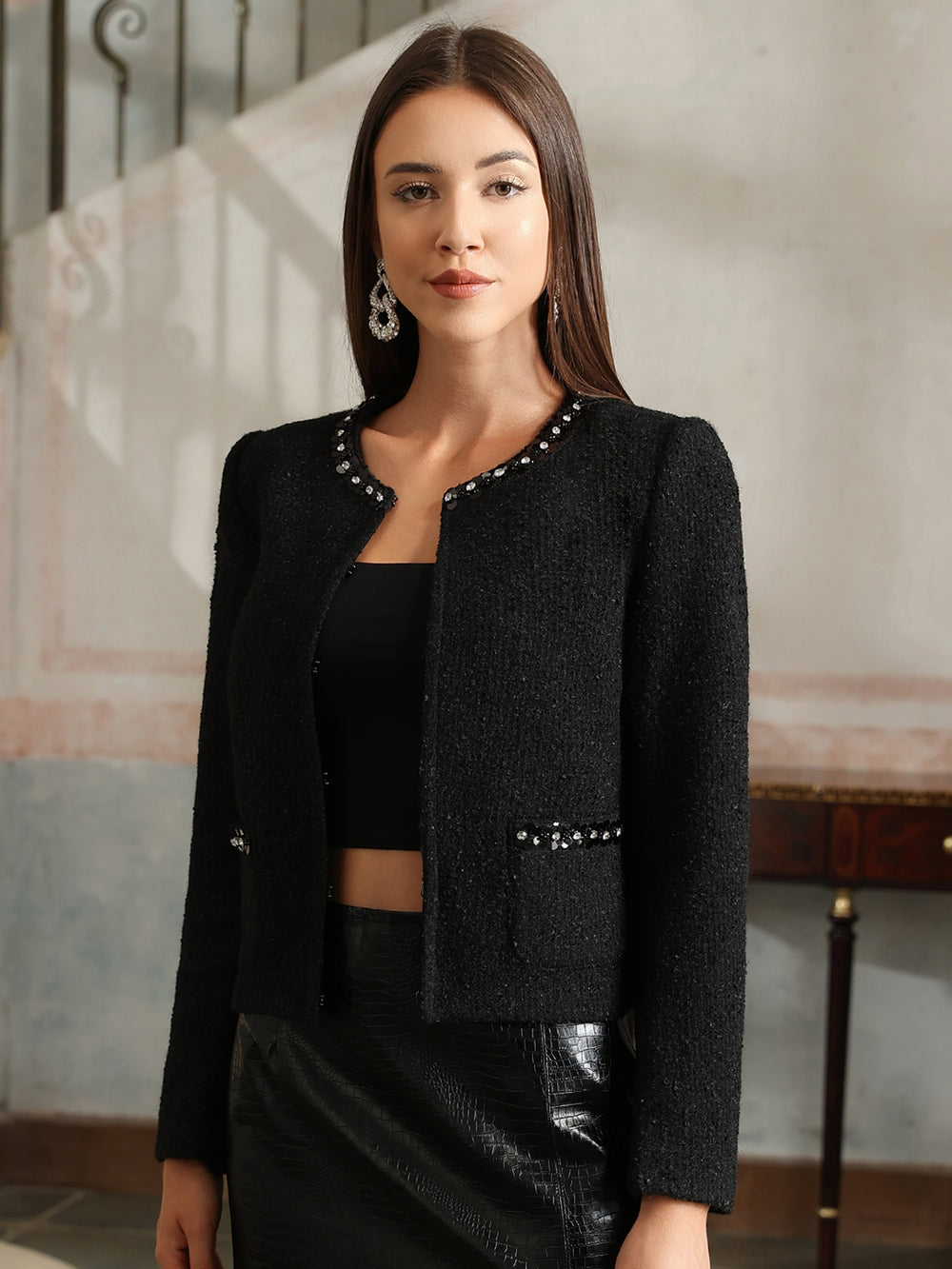 M.Infisavo Sequin Crew Neck Tweed Jackets Blazer