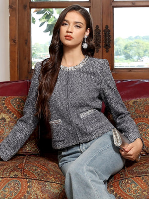 M.Infisavo Sequin Crew Neck Tweed Jackets Blazer