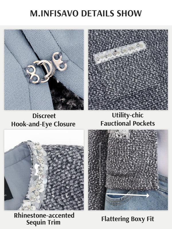 M.Infisavo Sequin Crew Neck Tweed Jackets Blazer