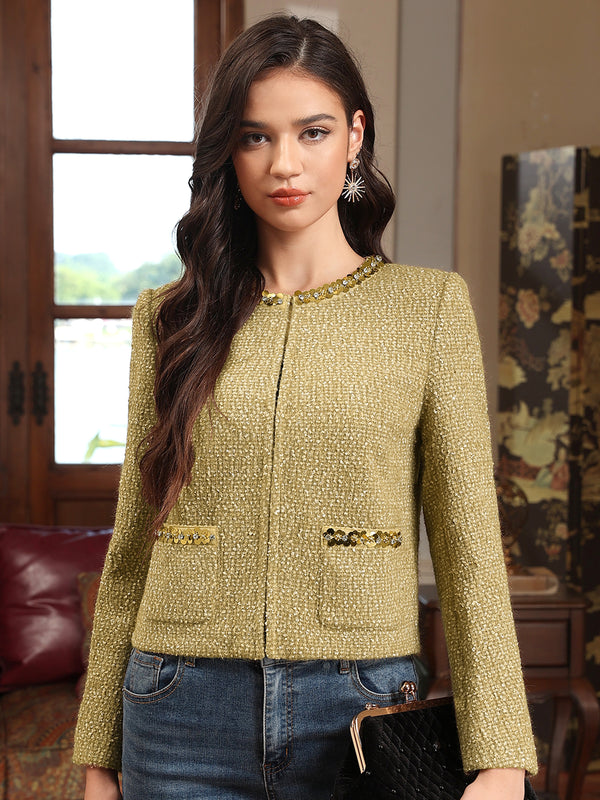 M.Infisavo Sequin Crew Neck Tweed Jackets Blazer