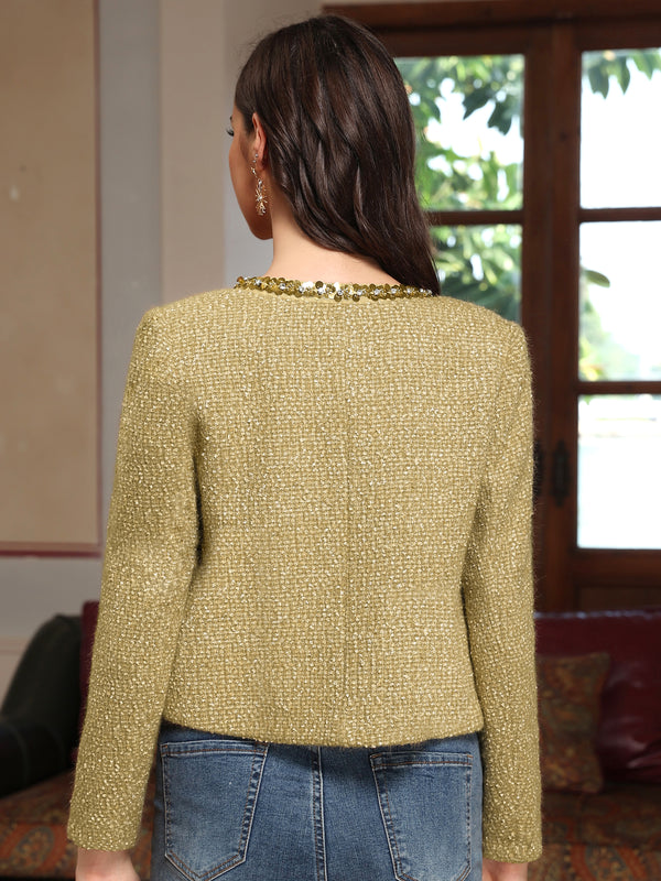M.Infisavo Sequin Crew Neck Tweed Jackets Blazer