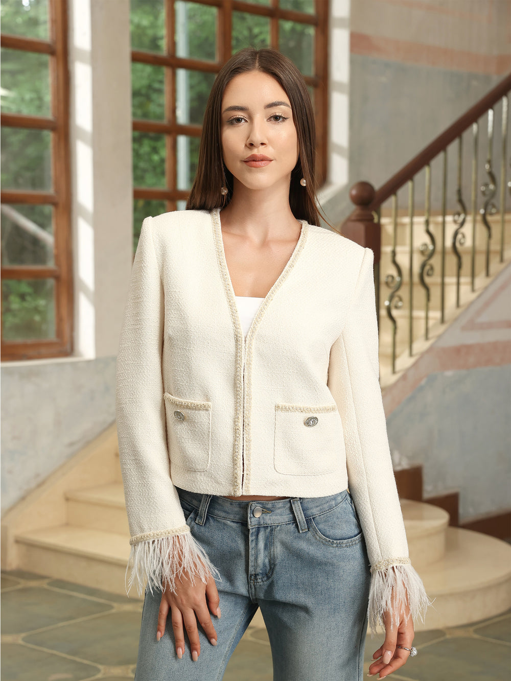 M.Infisavo Tweed Blazers Cropped Jacket with Pocket