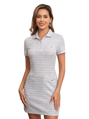 M.Infisavo Wavy Wisdom Polo Collar Short Sleeves Tweed Dress