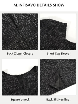 M.Infisavo Tailored Intellect Notch V Neck Cap Sleeves Tweed Pencil Dress #MFD006