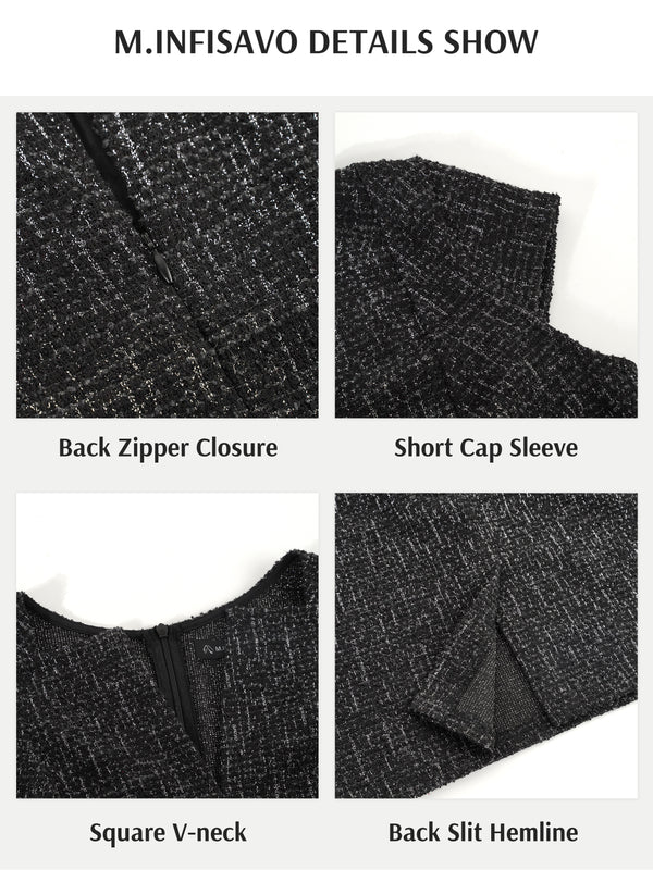 M.Infisavo Tailored Intellect Notch V Neck Cap Sleeves Tweed Pencil Dress #MFD006