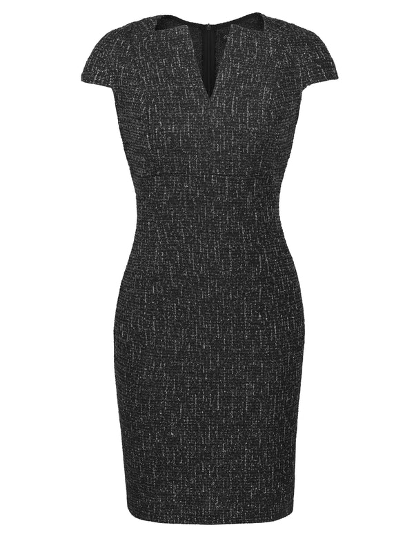 M.Infisavo Tailored Intellect Notch V Neck Cap Sleeves Tweed Pencil Dress #MFD006
